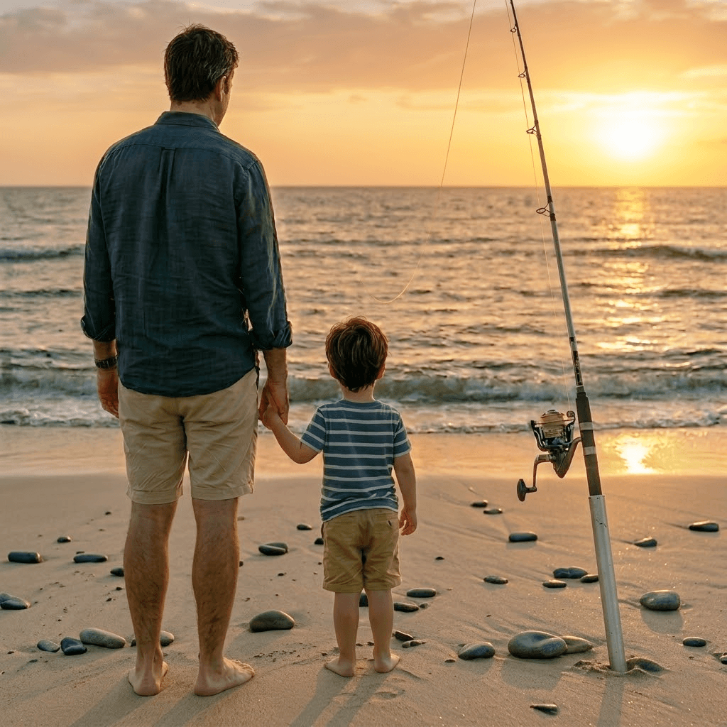 Father and son fishing together on a Florida beach at sunset