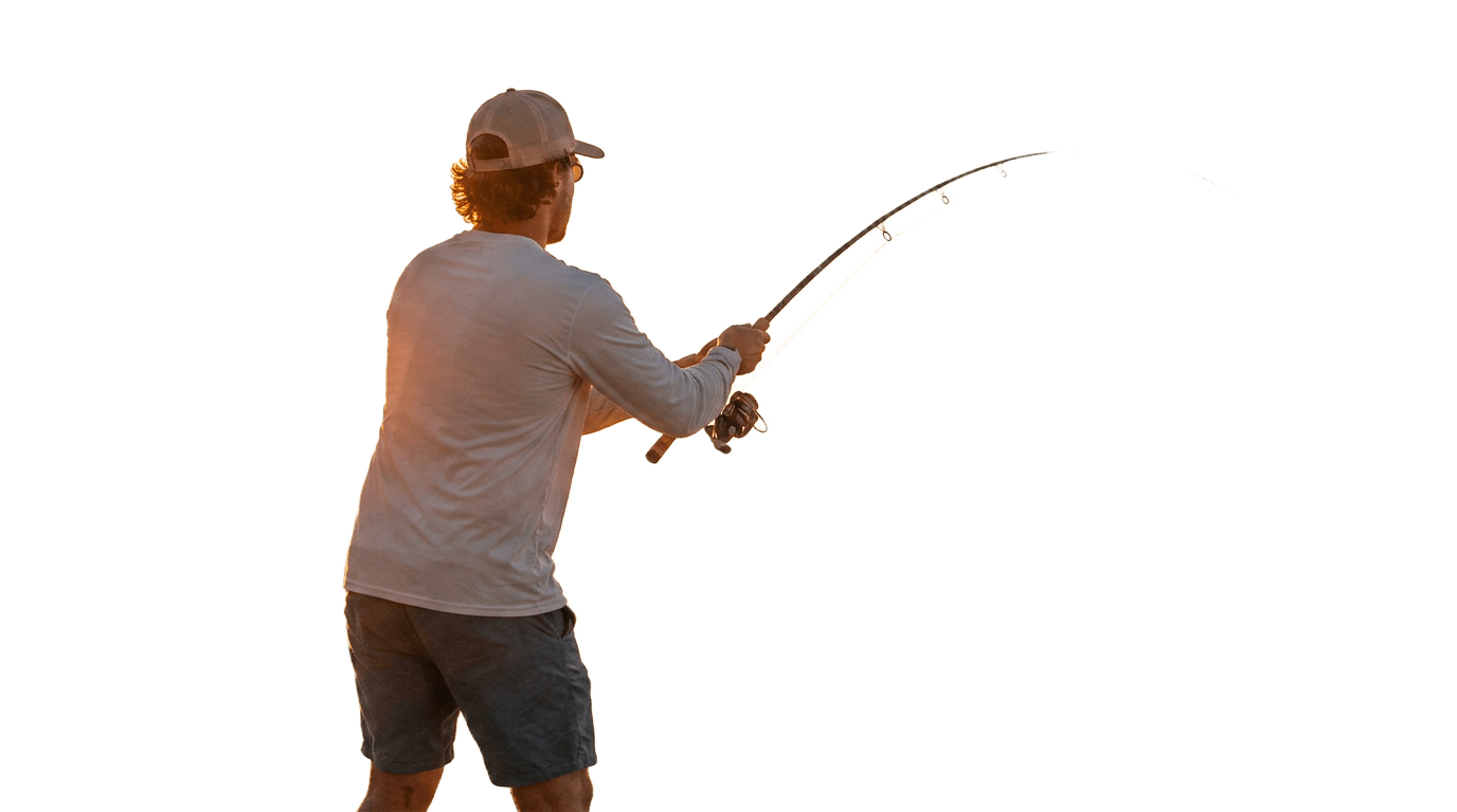 Angler casting a rod at sunset
