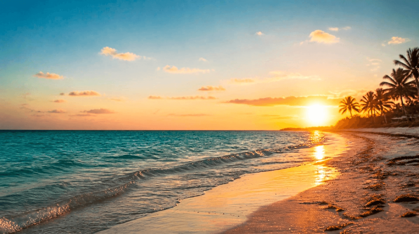 Florida beach at sunset with palm trees and waves